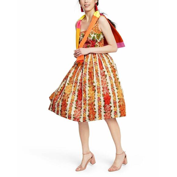 NWT Isaac Mizrahi Orange Red Pink Floral Pleated Dress Size 4 - Picture 3 of 11